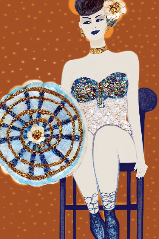 Cabaret Dancer holding an Umbrella- Vibrant Digital Collage with handcrafted Paper textures - Paper Art- Paper Tease-