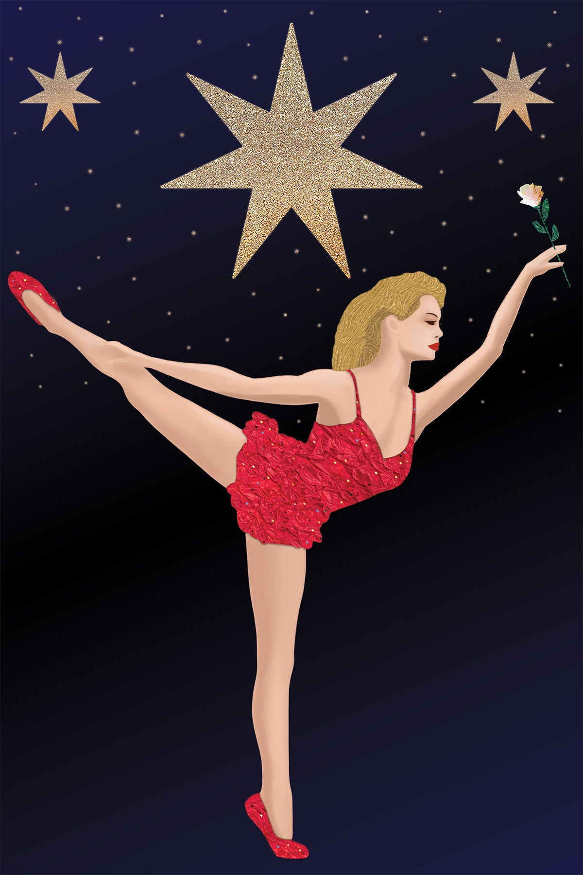 Ballerina in a red costume with a white rose against a starry night sky - Digital Collage with handcrafted Paper textures -