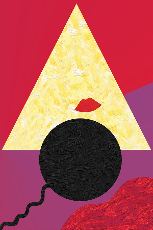 Abstract Digital Paper textures Collage with a yellow triangle, black yarn ball, and red lips on a red and purple gradient background. 