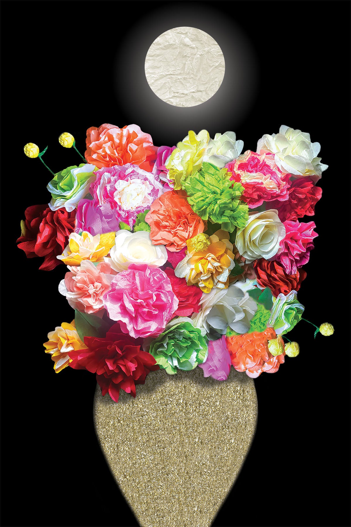 Colourful bouquet of handcrafted Paper flowers with moonlight in the background- Vibrant Digital Collage -
