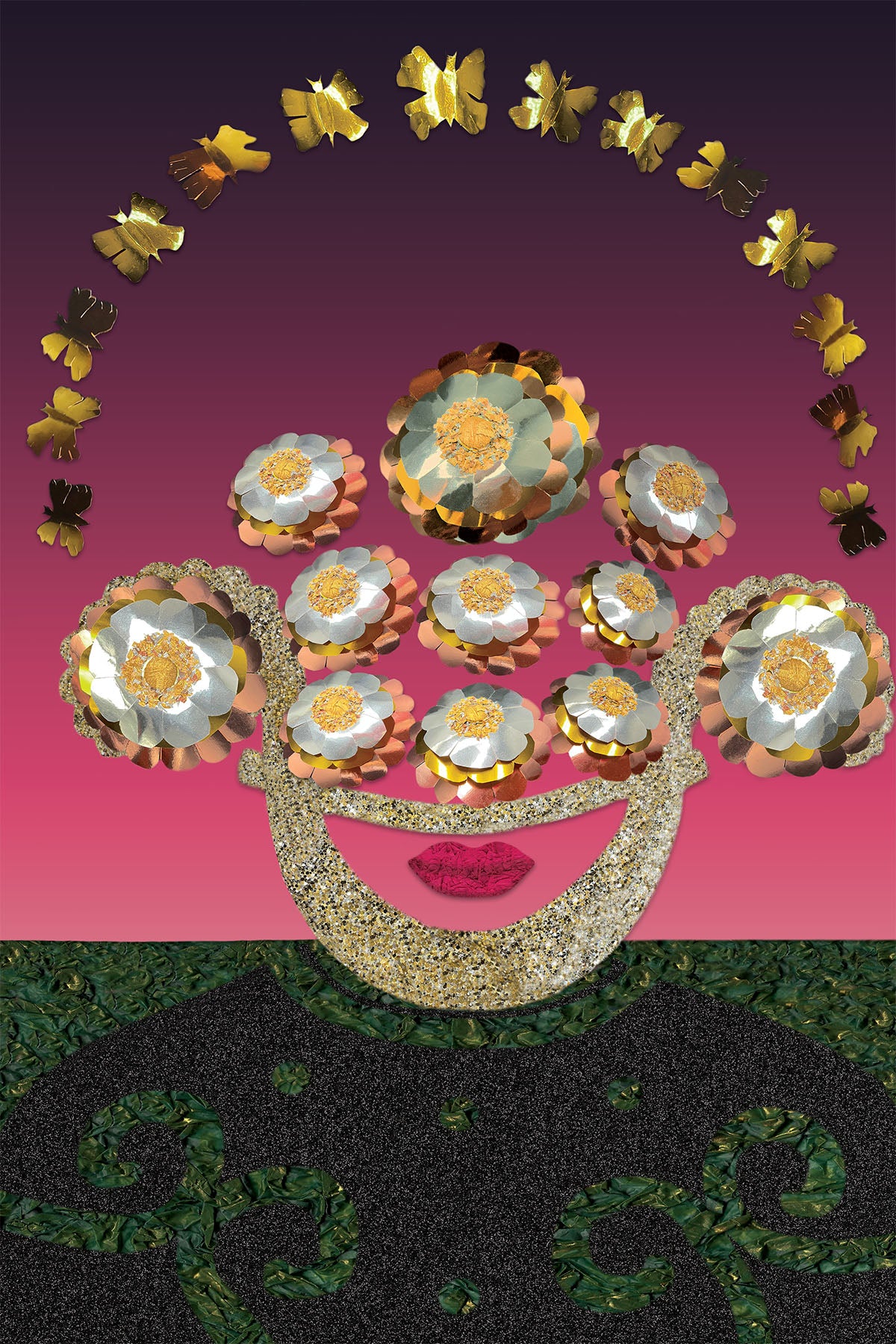 Headpiece with Metallic flowers and butterflies on a pink and black background - Vibrant Digital Collage - Paper Art -
