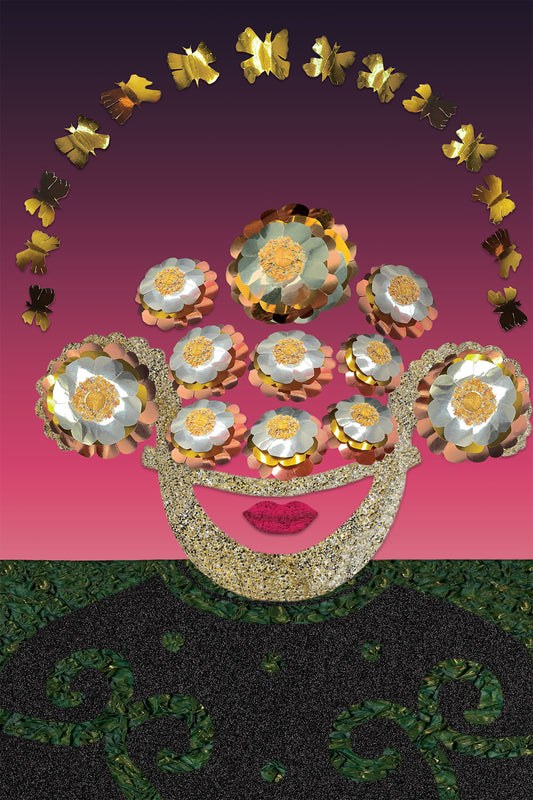 Headpiece with Metallic flowers and butterflies on a pink and black background - Vibrant Digital Collage - Paper Art -