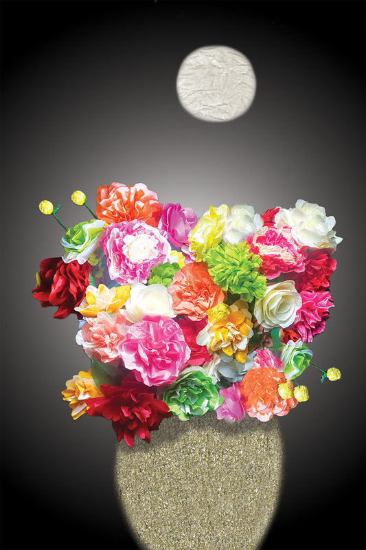 Flowers Moon - Vibrant Digital Collage with handcrafted Paper flowers and textures - Paper Elements Collection by Nathalie Boyer