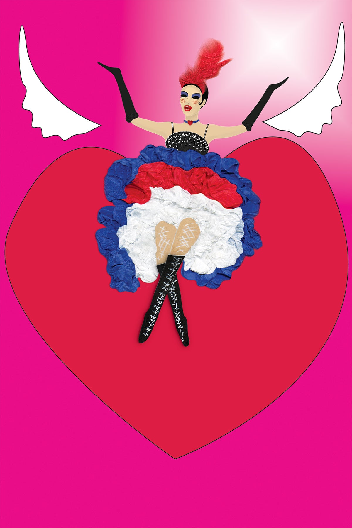 Cancan Dancer singing on a Flying Heart with Pink Background- Vibrant Digital Collage -