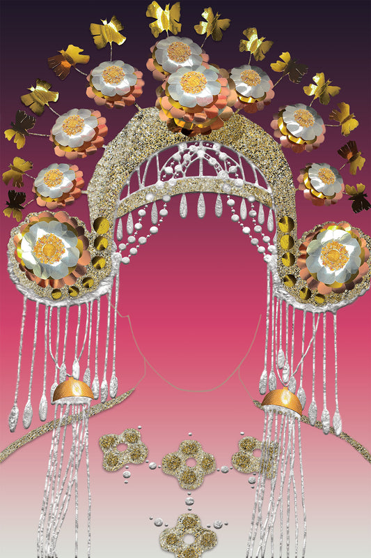 Headpiece with Metallic Golden Roses and Golden Butterflies on a Pink gradient - Vibrant Digital Collage with handcrafted Paper textures - Paper Art -