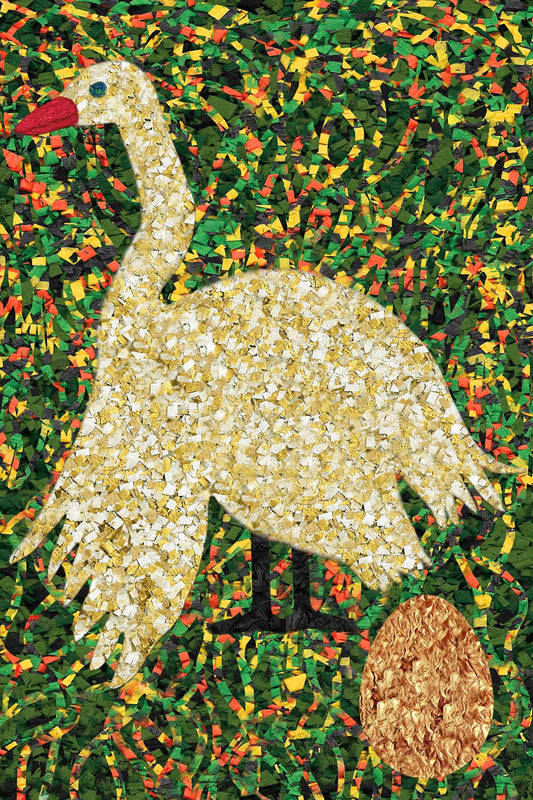 Golden Paper Goose with a Golden Egg with Green and Orange Paper textures in the background - Digital Collage -