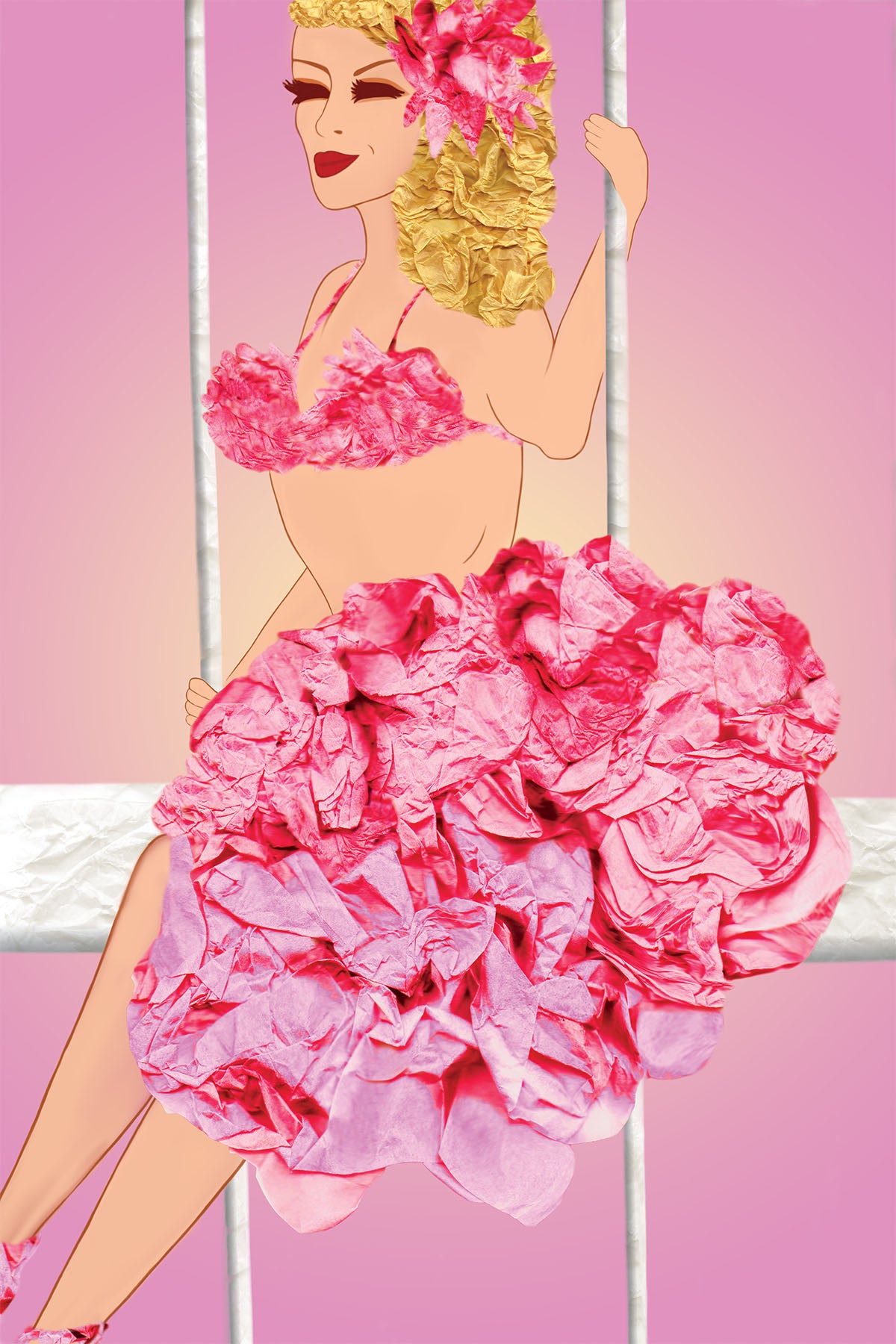 Trapeziste in Pink Paper costume - Vibrant  Digital Collage with handcrafted Paper - Circus Collection by Nathalie Boyer -