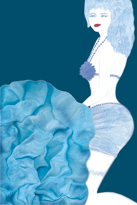 Cabaret Dancer in Blue - Vibrant Digital Collage with handcrafted Paper textures - Feminine Figure in Paper costume -
