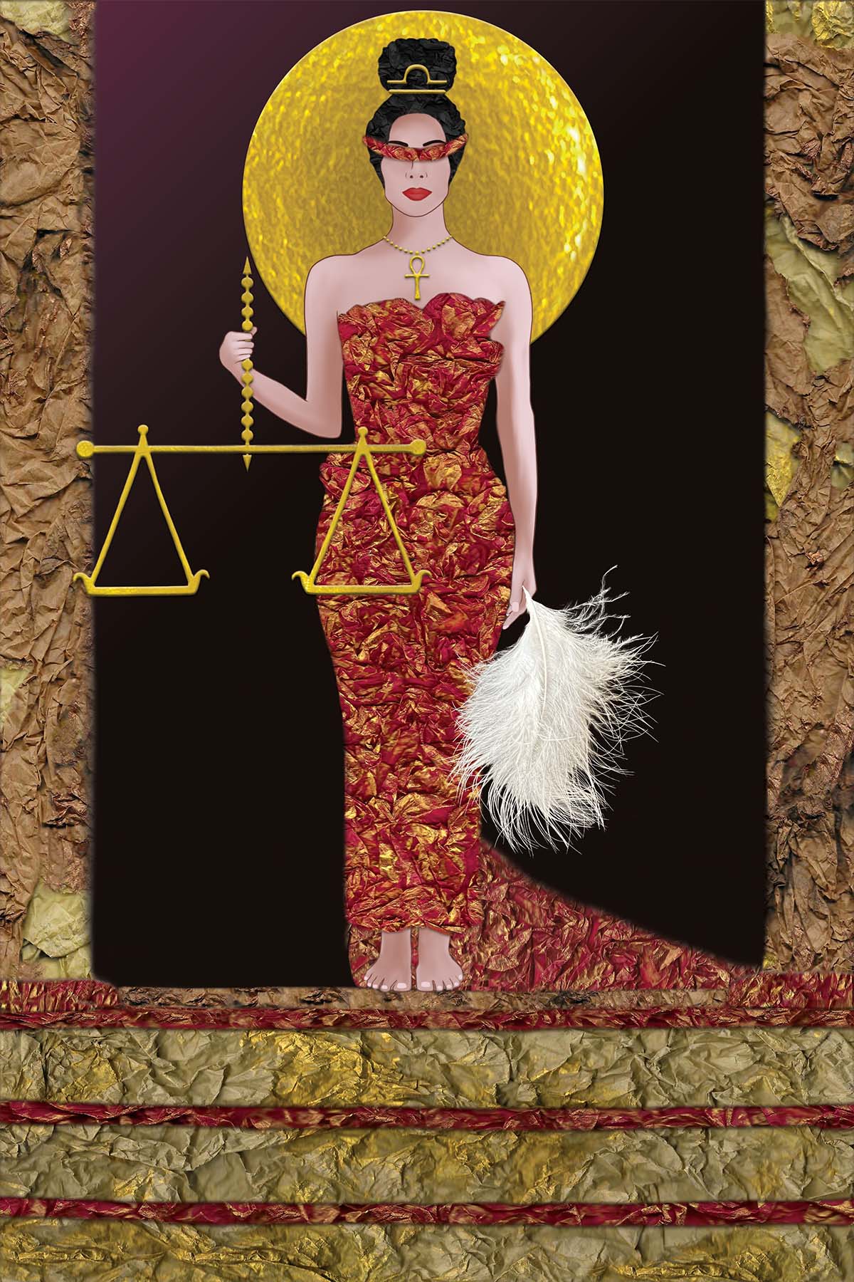 Artistic depiction of a woman in a red dress holding scales, with a textured frame - Vibrant Digital Collage with handcrafted Paper textures .