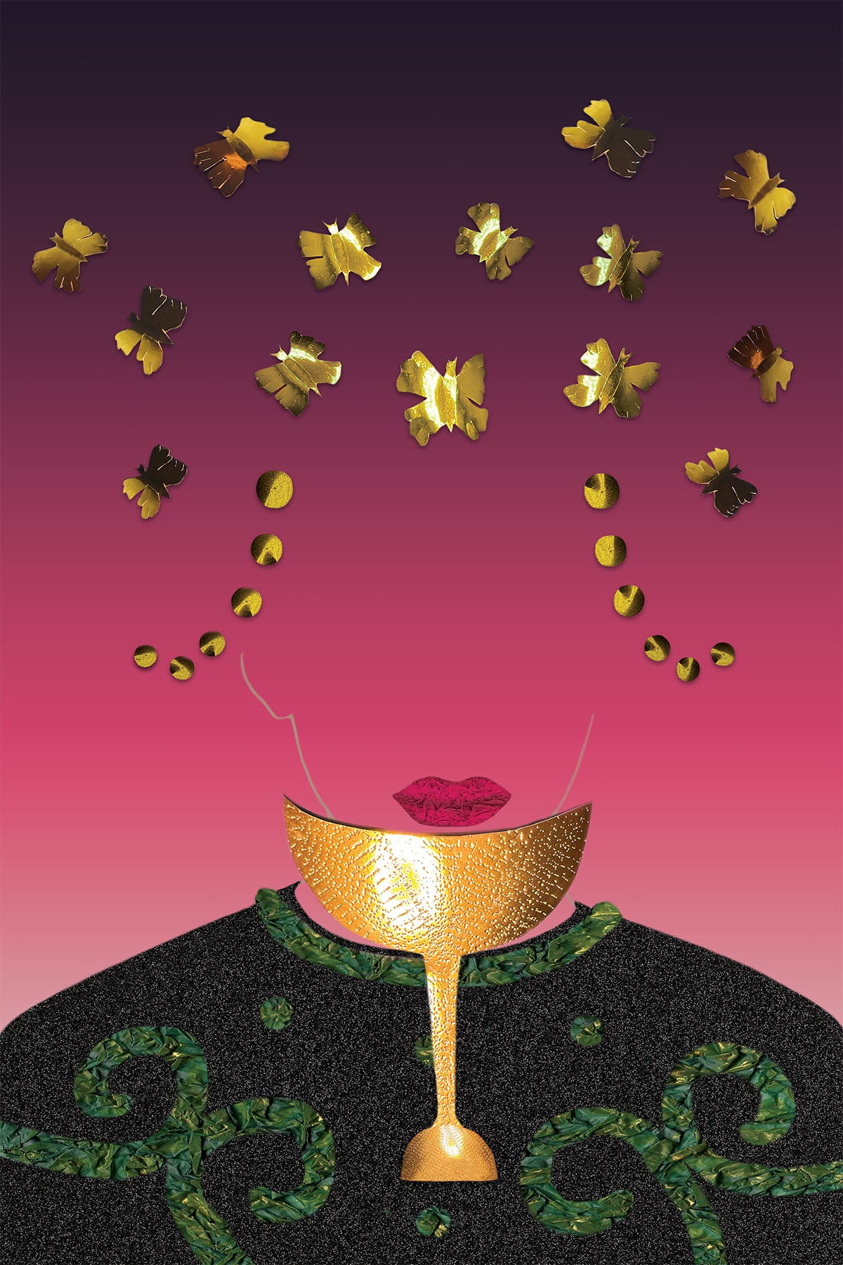 Gold chalice with red lips on a black surface against a pink and purple gradient background with gold butterflies. Vibrant Digital Collage - Paper Art -