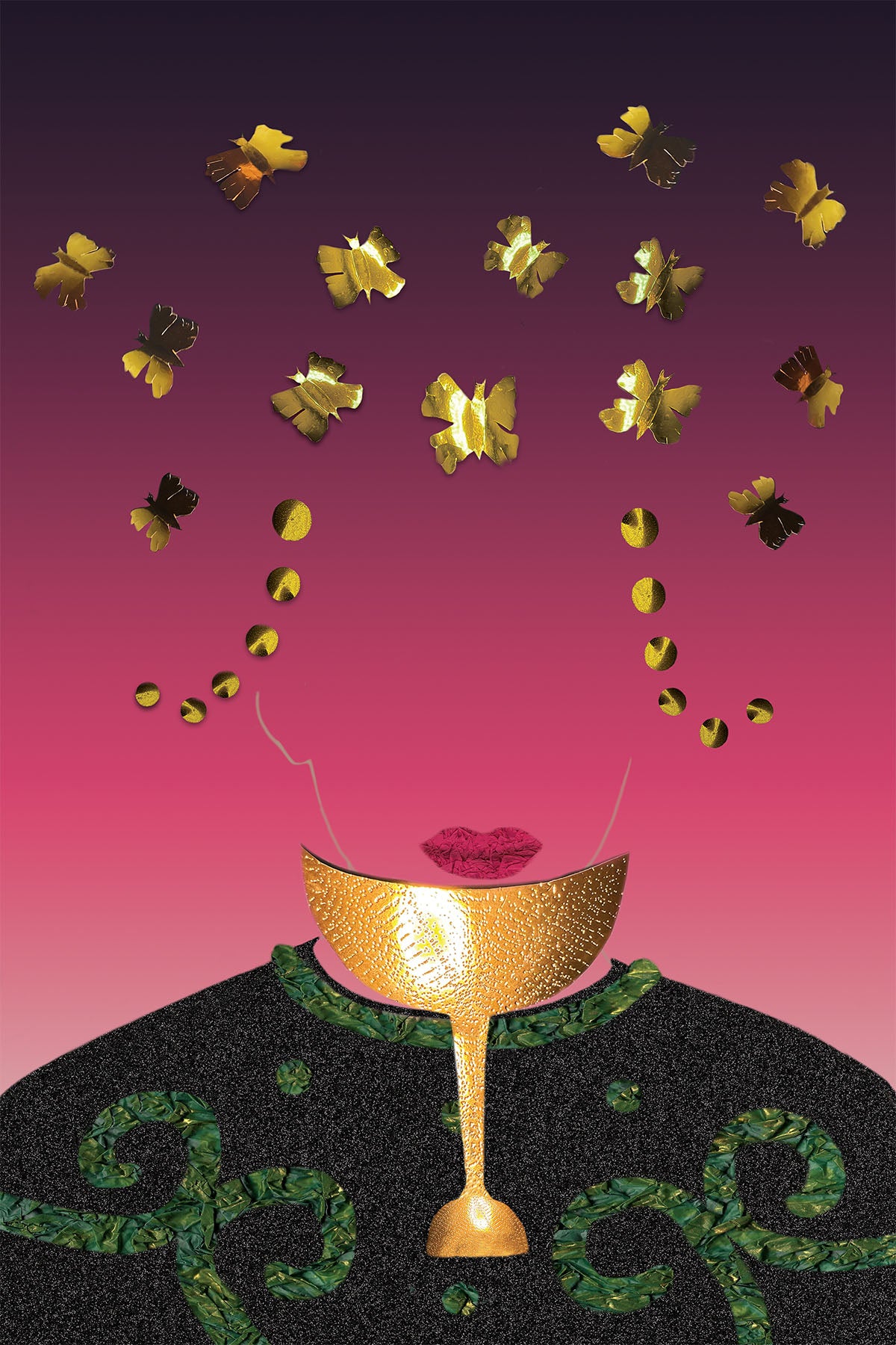 Golden Cup with Golden butterflies and coins - Vibrant Digital Collage with handcrafted Paper textures - Paper Art -