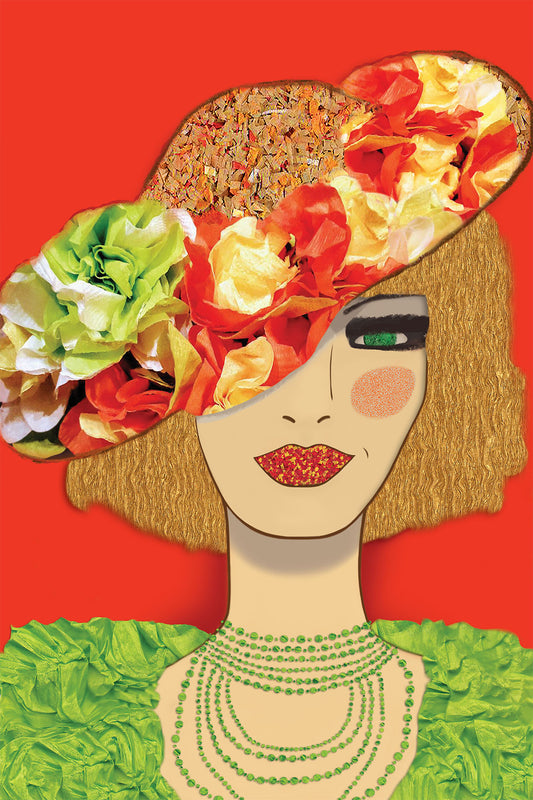 Woman with Floral Hat - Vibrant Digital Collage with handcrafted Paper flowers and textures - Paper Hat - Paper Art -