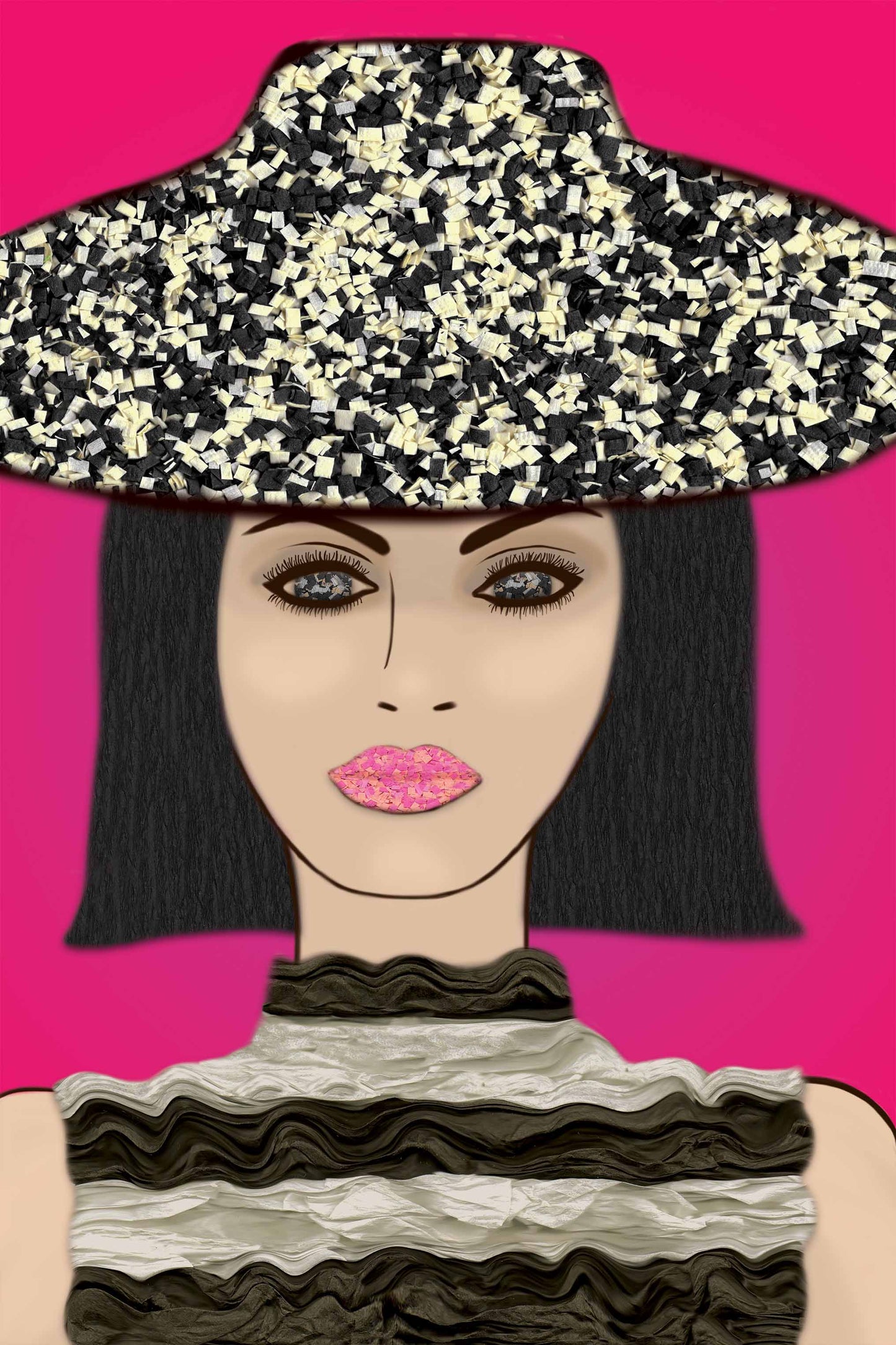Asian Woman with Hat - Vibrant Digital Collage with handcrafted Paper textures - Fashion Collection by Nathalie Boyer -