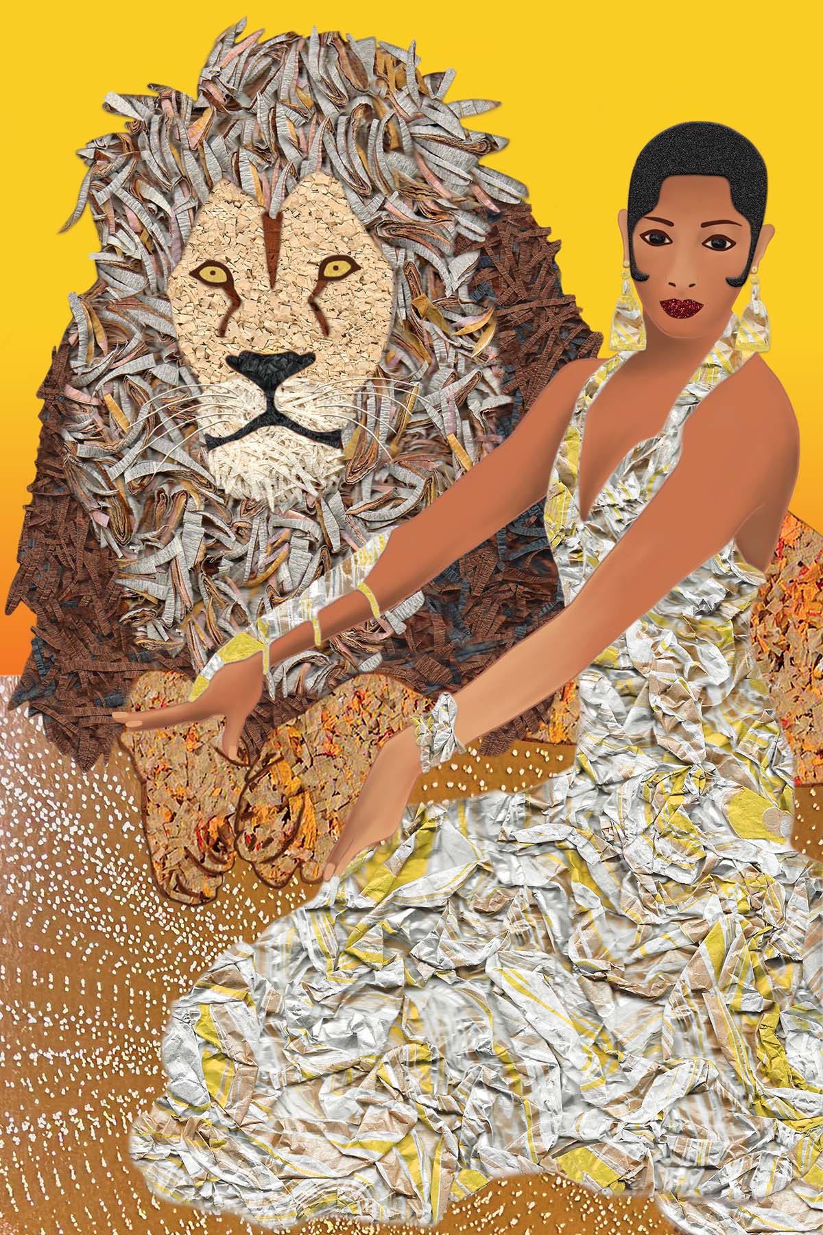 Josephine Baker in golden dress touching a Lion - Vibrant Digital Collage with handcrafted Paper textures -