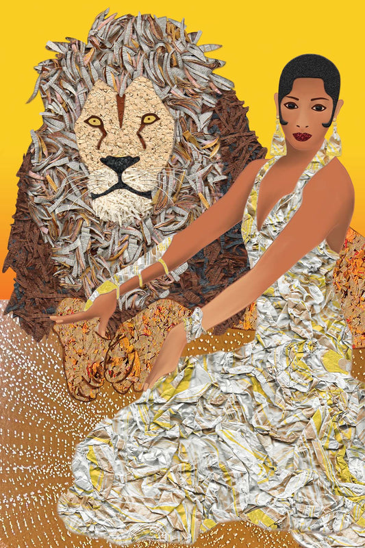 Josephine Baker in golden dress touching a Lion - Vibrant Digital Collage with handcrafted Paper textures -