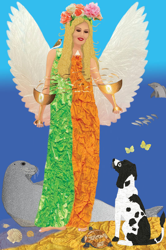 Angel with a colorful dress and flowers headpiece surrounded by animals on a blue background - Vibrant Digital Collage -