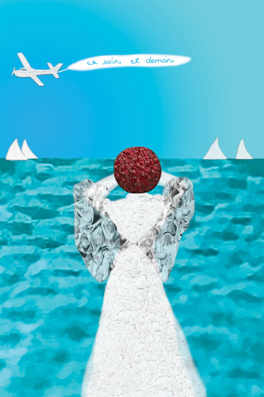 Surreal Digital Collage with a figure looking at the horizon with an airplane, and sailboats on a blue sea background.