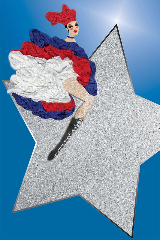 Cancan Dancer riding a silver star - Vibrant Digital Collage with handcrafted Paper textures - La Cancan by Nathalie Boyer