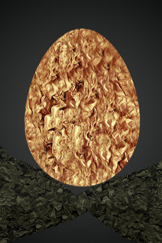 Golden Paper egg-shaped standing on 2 dark fishes  on a dark gradient - Surrealism Digital Collage - Paper Art -