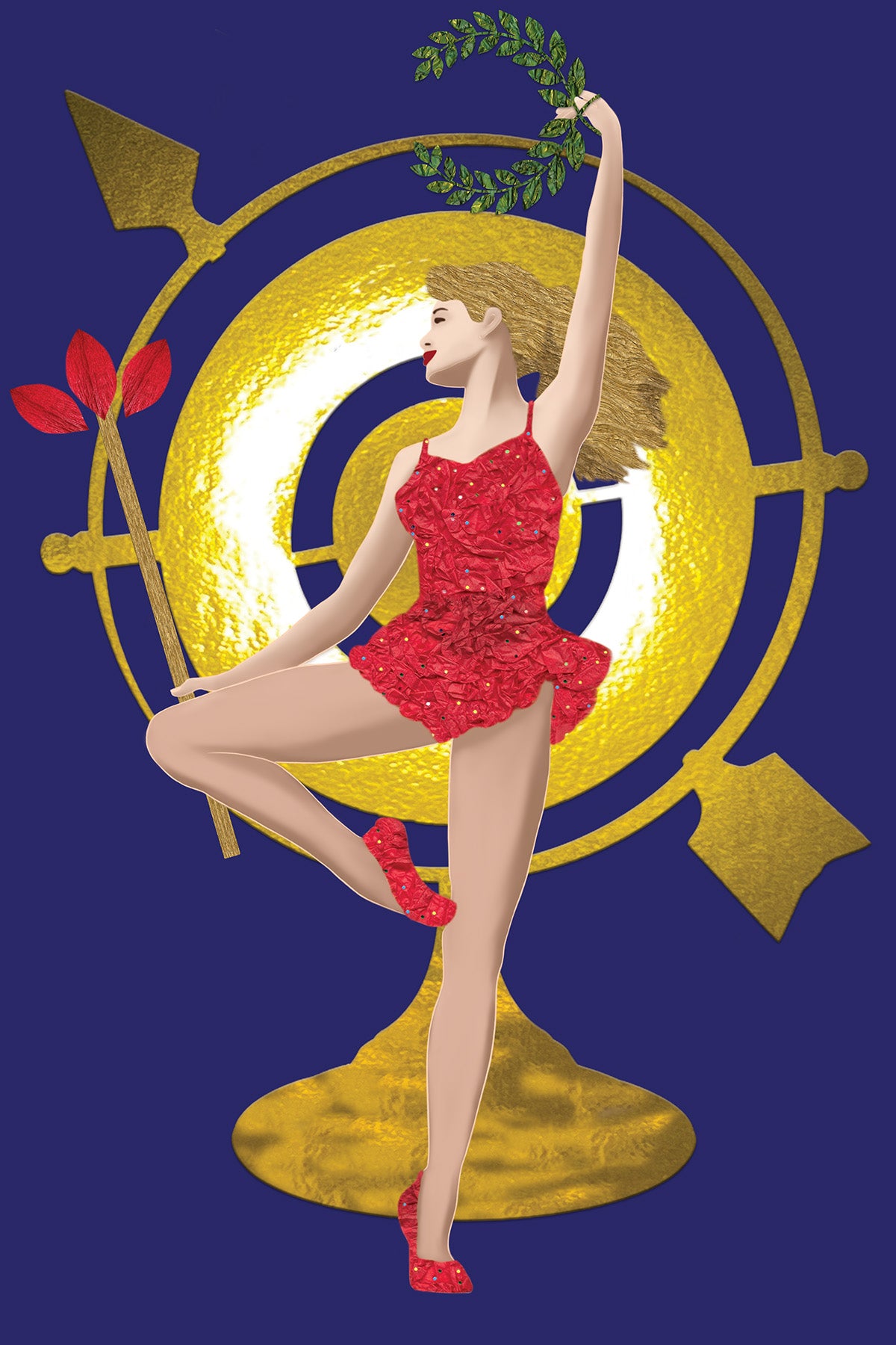 Ballerina in a red costume dancing with a decorative compass - Vibrant Digital Collage with handcrafted Paper textures -