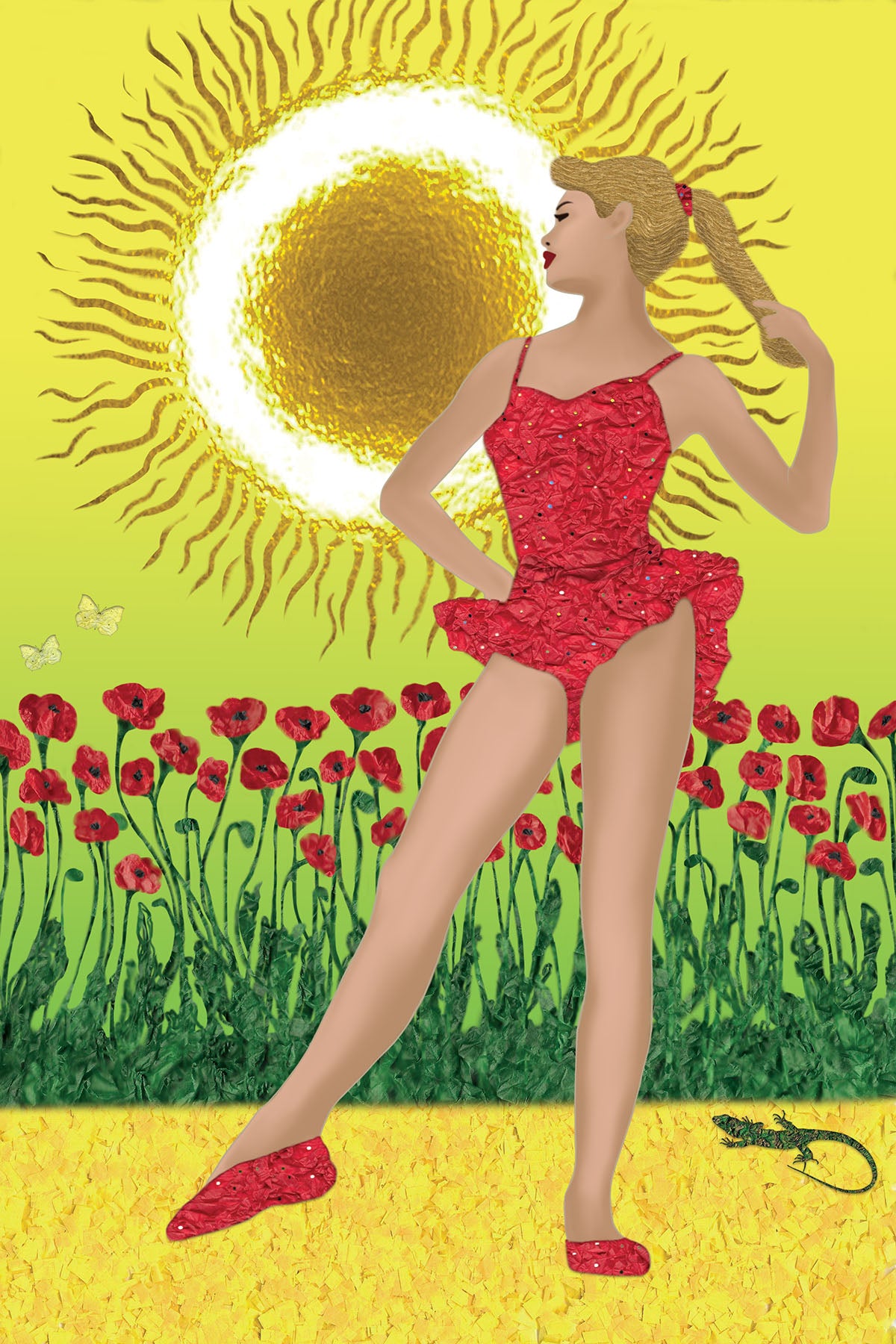 Ballerina in red costume standing in front of a Sunshine - Vibrant Digital Collage with handcrafted Paper textures -