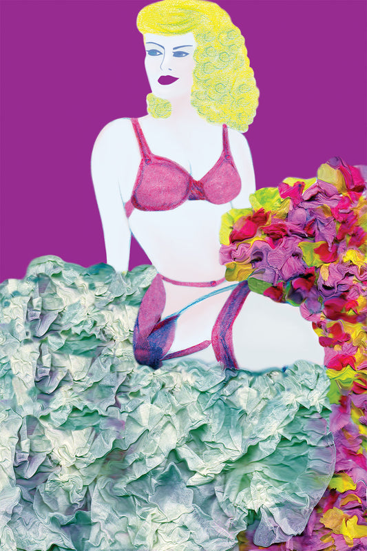 Cabaret Dancer in Pink Costume- Vibrant Digital Collage with handcrafted Paper textures - Sketch of feminine figure -