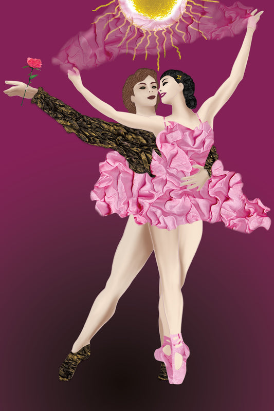 Lovers - Ballerinas dancing on stage with pink background - Vibrant Digital Collage with handcrafted Paper textures -