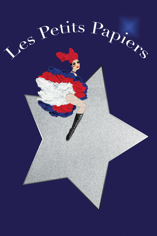 Festive Cancan Dancer riding a Silver Star - Les Petits Papiers Brand - Digital Collage with handcrafted Paper Textures-