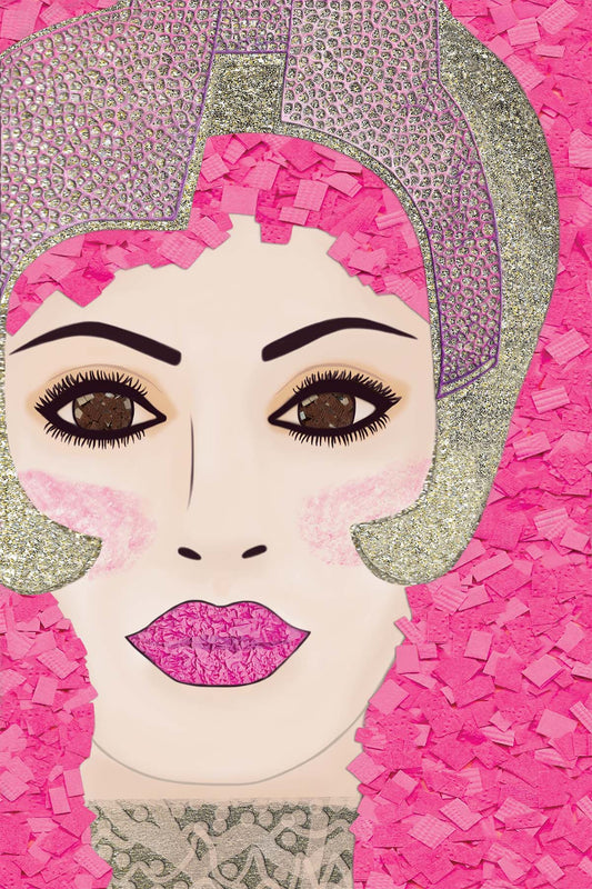 ShowGirl with Pink Headpiece - Vibrant Digital Collage with handcrafted Paper textures - Paper Art -