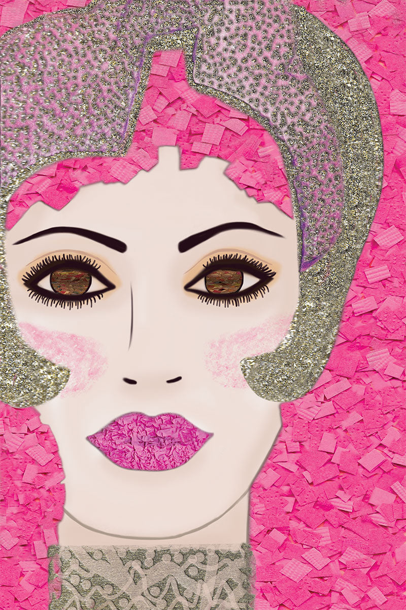Woman with Headpiece in Pink - Vibrant Digital Collage with handcrafted Paper textures - Fashion Collection by Nathalie Boyer -