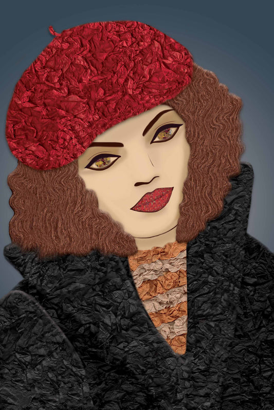 French Woman with Hat - Vibrant Digital Collage with handcrafted Paper textures - 