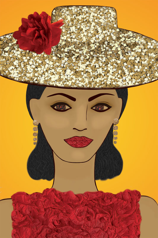 Spanish Woman with Hat - Vibrant Digital Collage with handcrafted Paper flower and textures - Paper Hat - Paper Art -