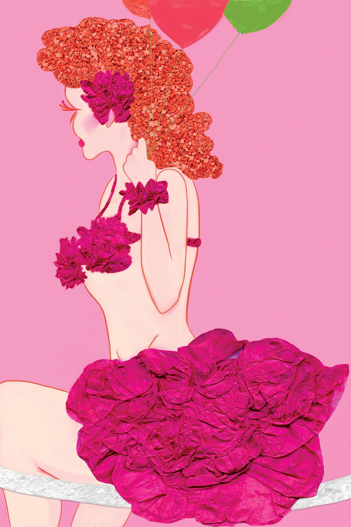 Funambule in Pink Paper costume - Vibrant Digital Collage with handcrafted Paper textures - Circus Collection by Nathalie Boyer