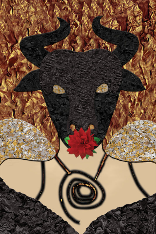 Portrait of a black Minotaure in a Paper robe with a Red Dallia in his mouth - Digital Collage with handcrafted Paper textures -