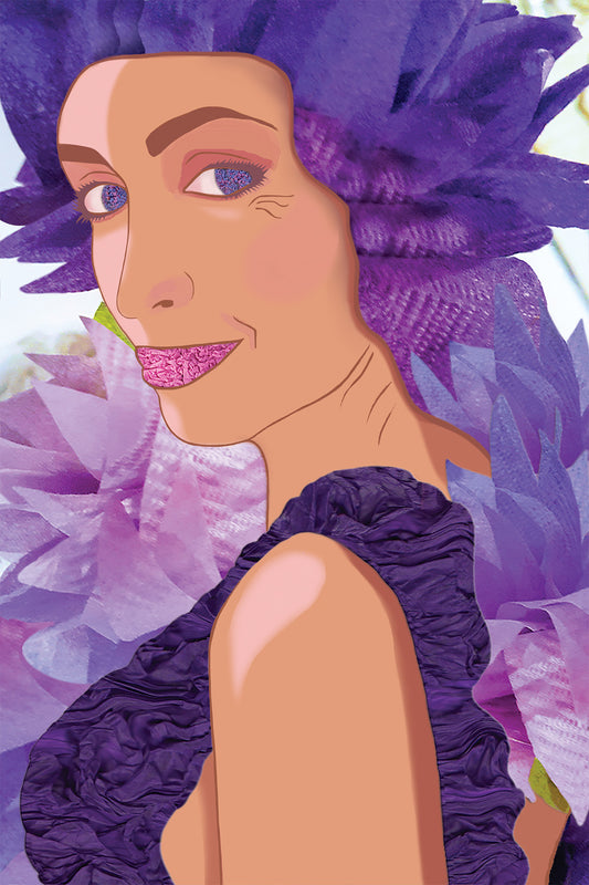 Nathalie Boyer Self portrait with a purple Paper headpiece and dress against a floral background - Digital Collage -