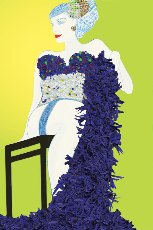 Cabaret Dancer sitting on a chair holding a Boa - Vibrant Digital Collage with handcrafted Paper textures - Paper Art -