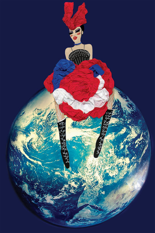 Cancan sitting on top of Planet Earth in Flamboyant red and blue Paper dress -Digital Collage -
