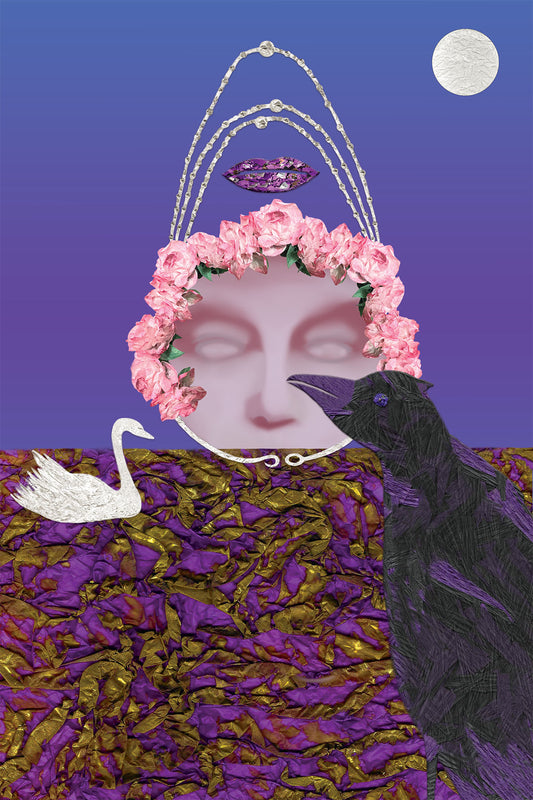 Surrealist Paper textures Digital Collage with floral headpiece, swan, black bird , and moon on a purple background - 