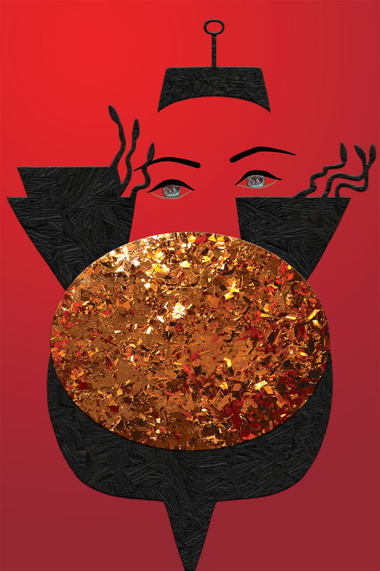 Surreal Pandora Box with handcrafted Black Paper textures  and a Glittery Oval Box  on a Red Gradient - Digital Collage -