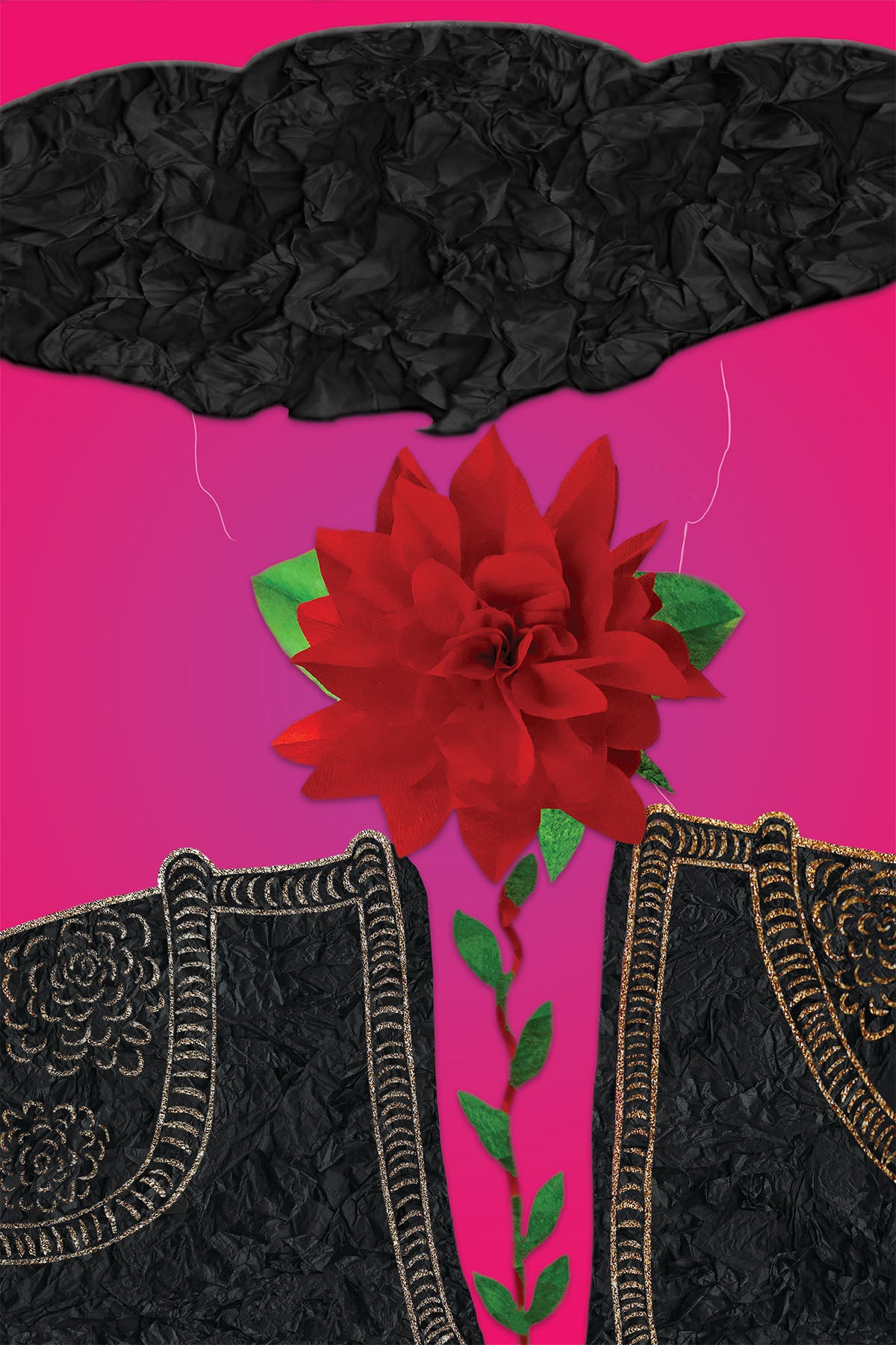 Costume of a Torero in Black Paper Textures with a Red Flower on a Pink background - Vibrant Digital Collage with handcrafted Paper textures 