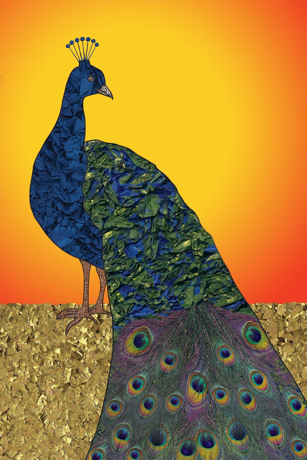 Blue Peacock standing on a Golden Hill with a Sunset background - Vibrant Digital Collage with handcrafted Paper textures