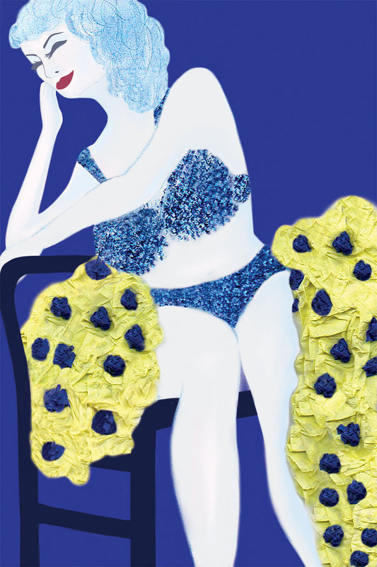 Cabaret Dancer in Blue costume - Vibrant Digital Collage with handcrafted Paper textures - Sketch of Feminine Figure -