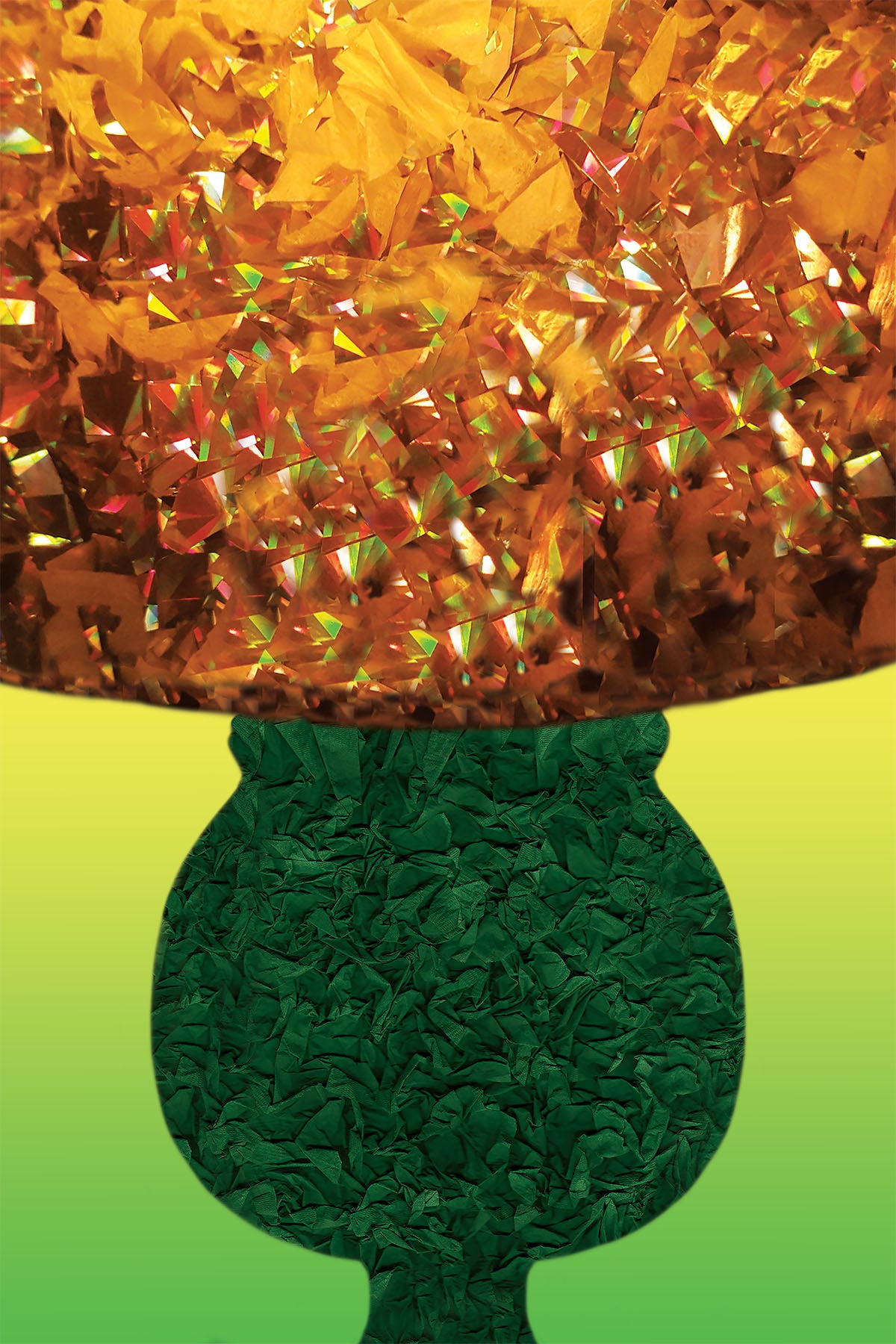 Decorative lamp with green base and gold shade on a Green gradient background - Vibrant Digital Collage with handcrafted Paper textures - Paper Art -