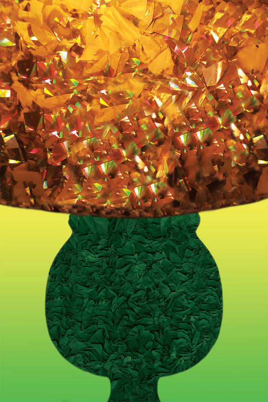 Decorative lamp with green base and gold shade on a Green gradient background - Vibrant Digital Collage with handcrafted Paper textures - Paper Art -