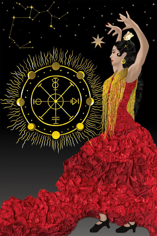 Flamenco dancer in red dress dancing with the wheel of Fortune - Vibrant Digital Collage with handcrafted Paper textures -
