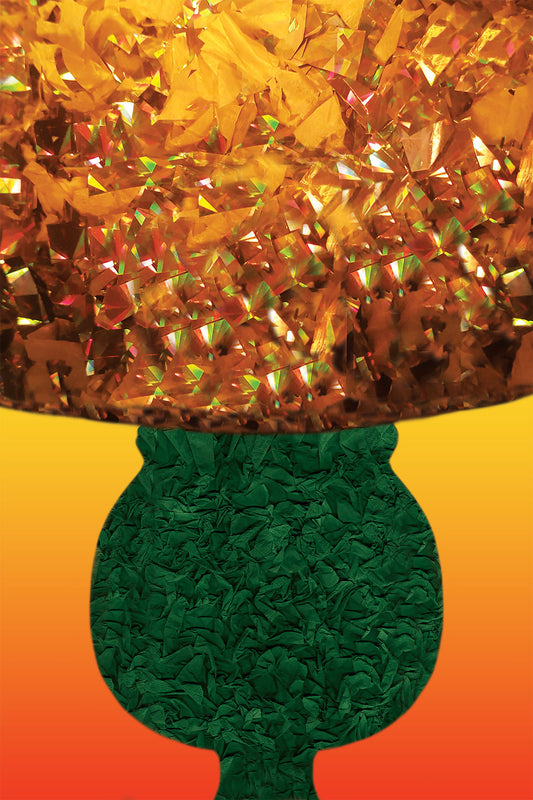 Decorative lamp with gold and green Paper Textures on a Orange gradient background - Vibrant Digital Collage with handcrafted Paper Textures -