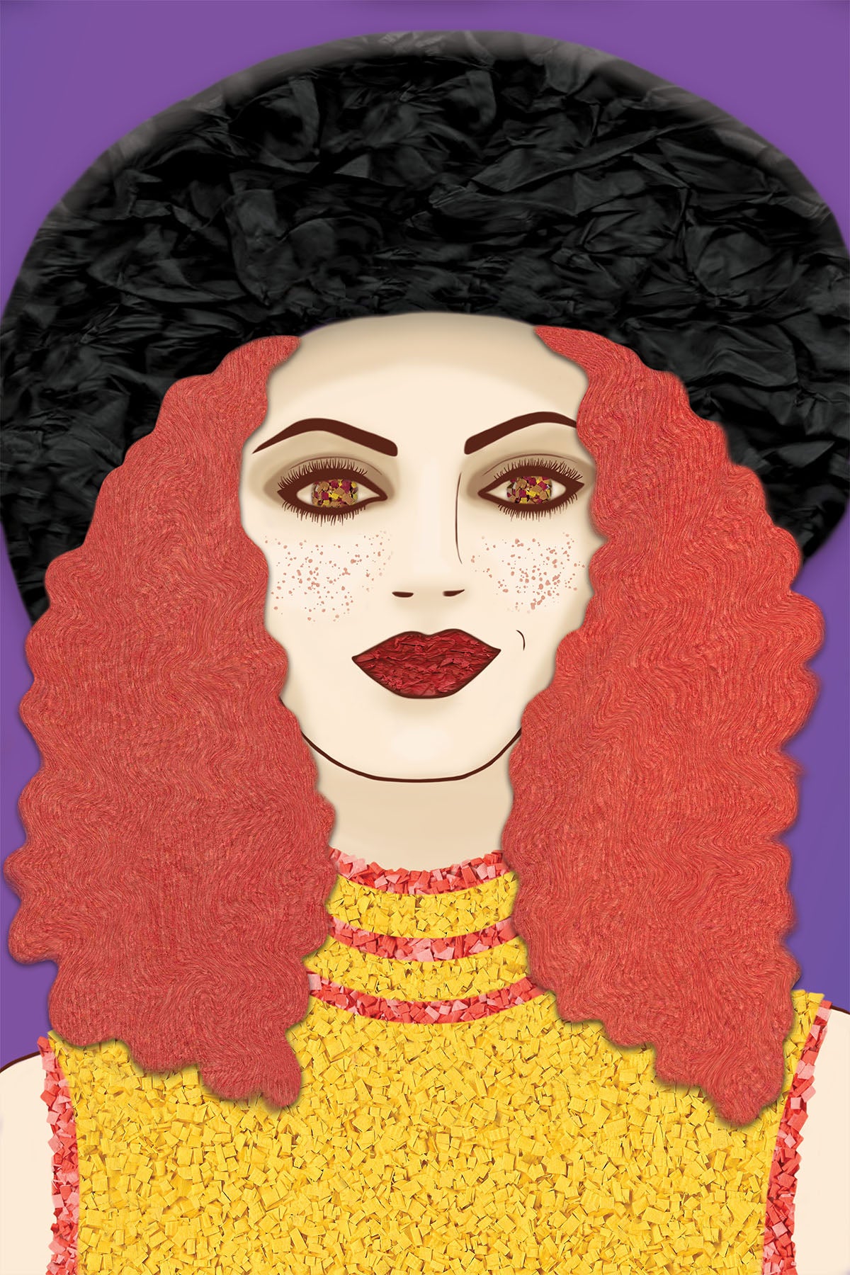 Woman with Black Hat - Vibrant Digital Collage with handcrafted Paper textures - Paper Hat - Paper Art -