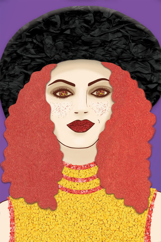 Woman with Black Hat - Vibrant Digital Collage with handcrafted Paper textures - Paper Hat - Paper Art -