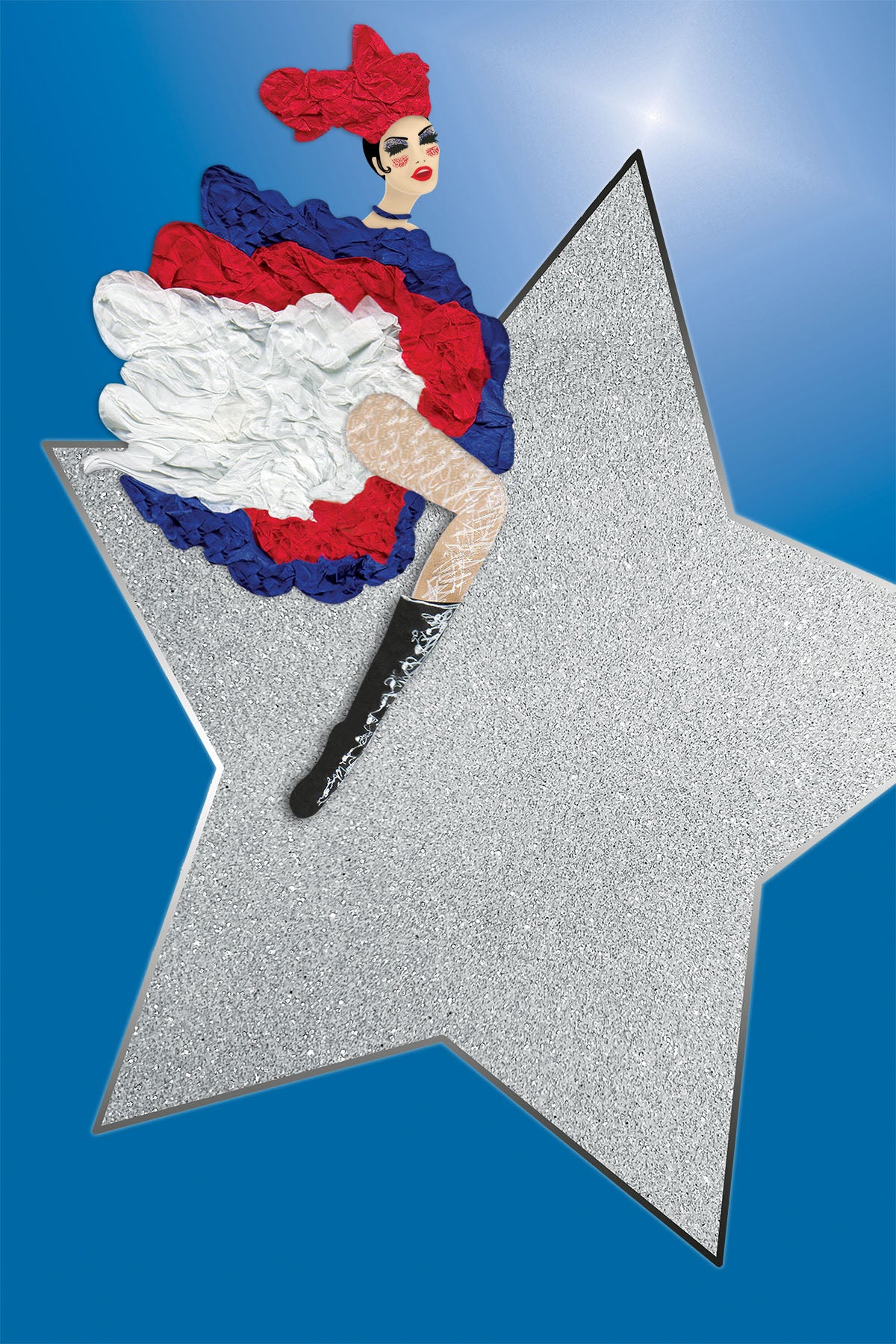 Festive Cancan riding a Silver Star with Red and Blue Flamboyant Paper dress - Digital Collage -