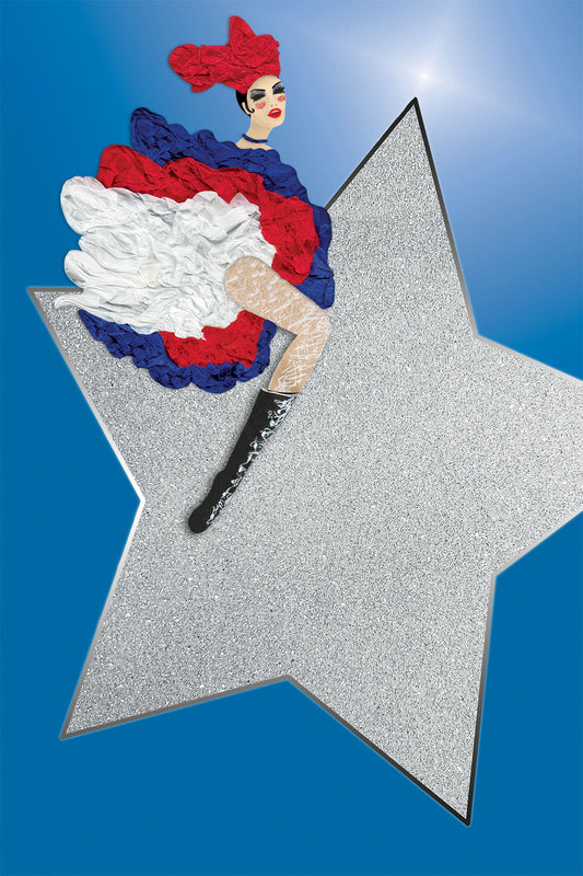 Festive Cancan riding a Silver Star with Red and Blue Flamboyant Paper dress - Digital Collage -